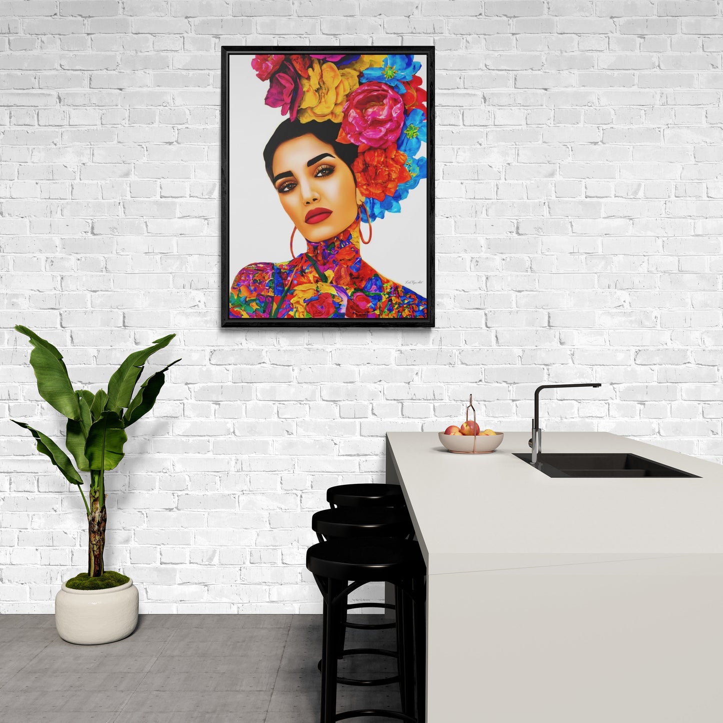 latina woman with flowers in her hair and tattoo's framed canvas wall art, boho wall art, women decor, eclectic, feminine, contemporary