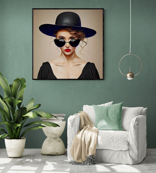woman in sunglasses and big black hat framed canvas wall art, wall art living room framed, woman decor, feminine portrait, moody wall art - LOLA VEGAS ART