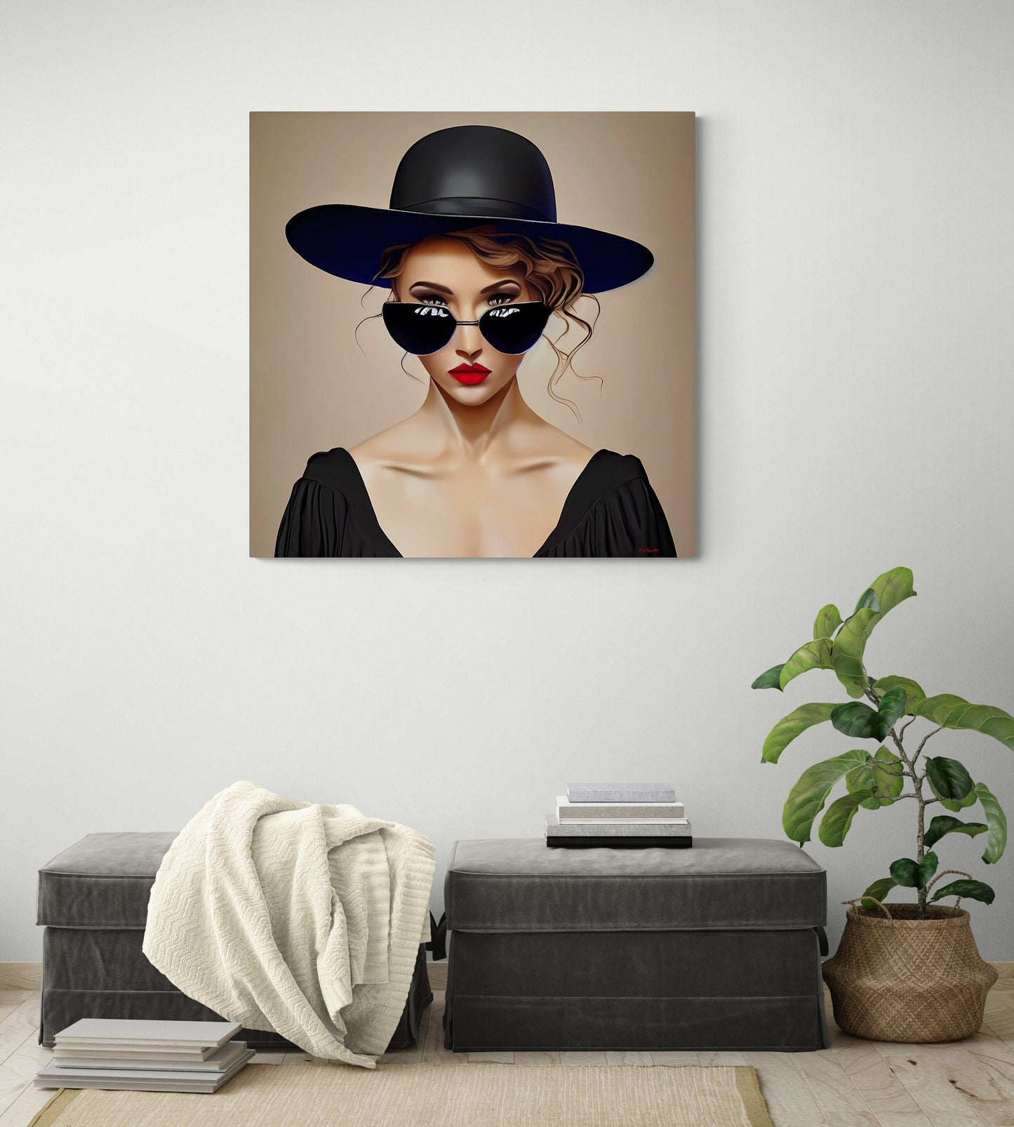 woman in sunglasses and big hat canvas wall art, portrait print, feminine wall art, fashion wall art, wall art dcor, woman dcor,moody