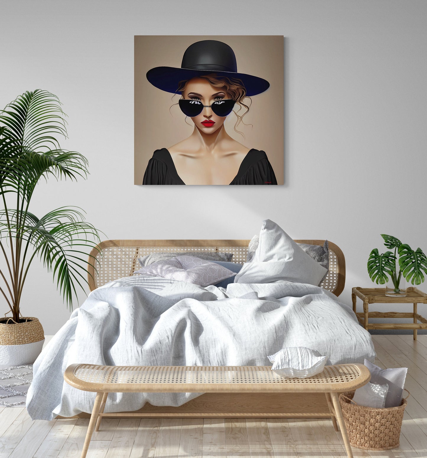 woman in sunglasses and big hat canvas wall art, portrait print, feminine wall art, fashion wall art, wall art dcor, woman dcor,moody