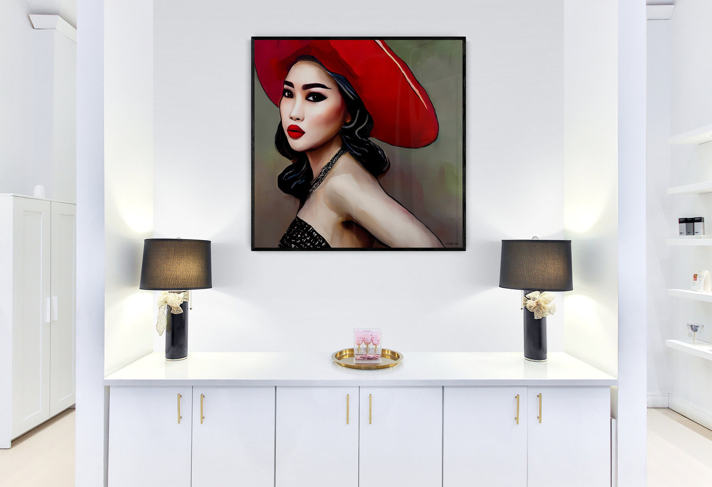 beautiful asian woman in red hat framed canvas wall art, wall art living room framed, framed woman wall decor, feminine framed wall art