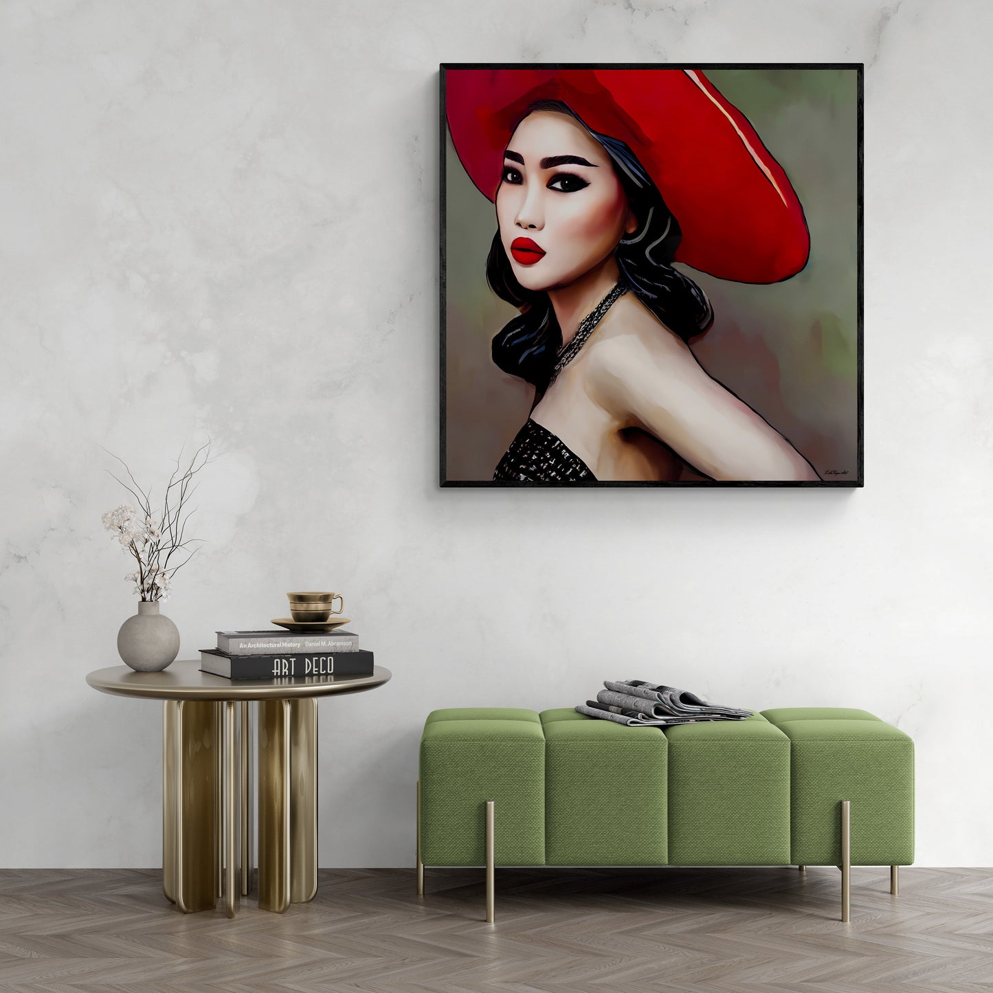 beautiful asian woman in red hat framed canvas wall art, wall art living room framed, framed woman wall decor, feminine framed wall art