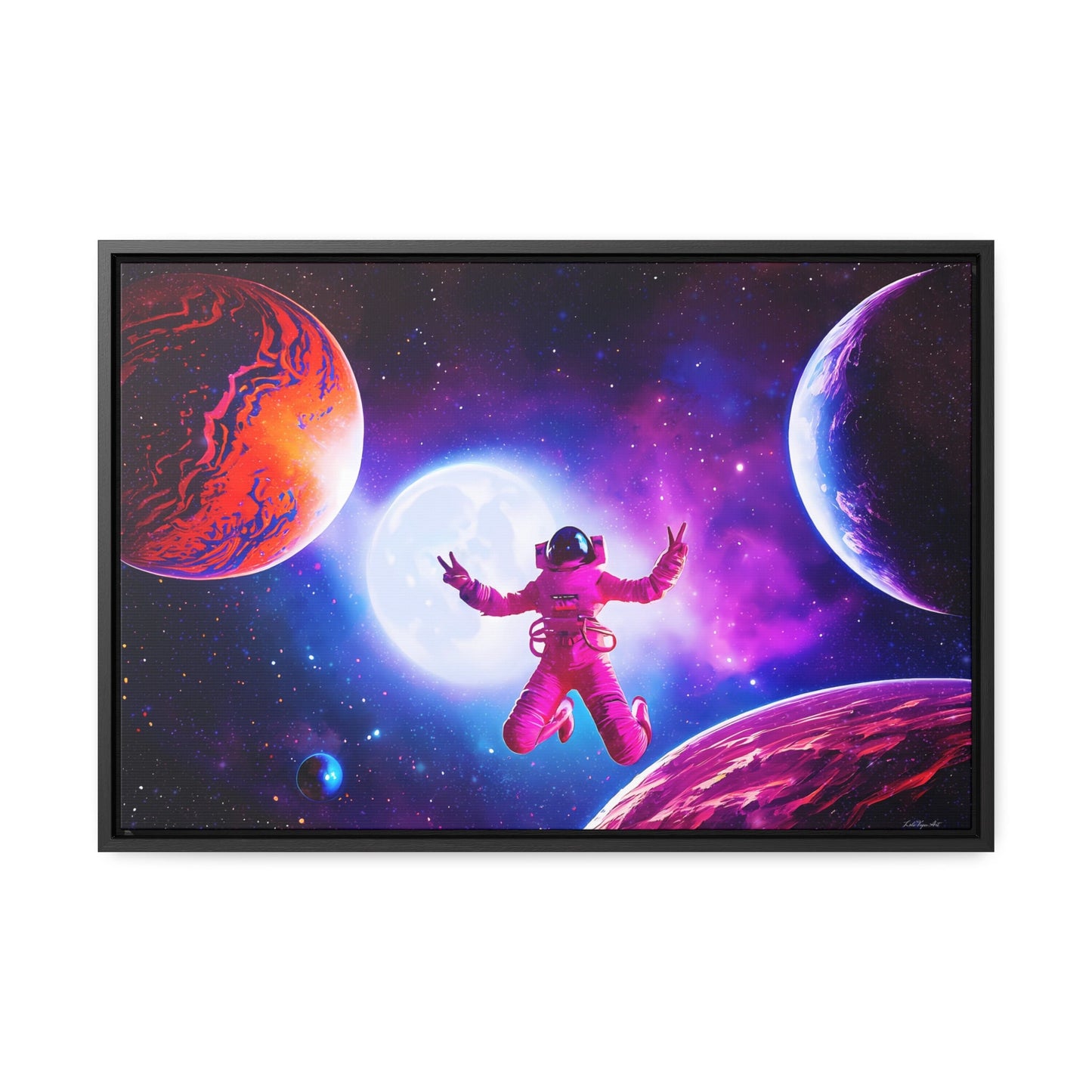 female astronaut dancing in planet filled universe framed canvas wall art, nebula, purple, peace sign, unique, galaxy, space wall art