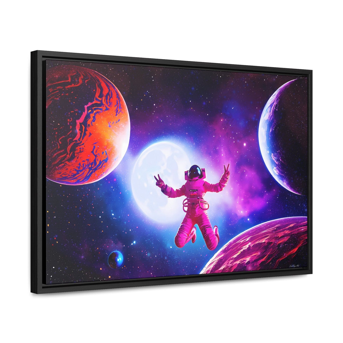 female astronaut dancing in planet filled universe framed canvas wall art, nebula, purple, peace sign, unique, galaxy, space wall art