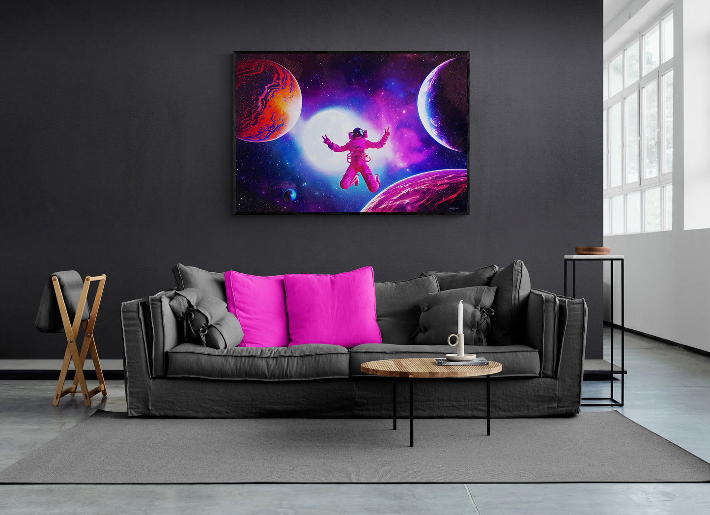 female astronaut dancing in planet filled universe framed canvas wall art, nebula, purple, peace sign, unique, galaxy, space wall art