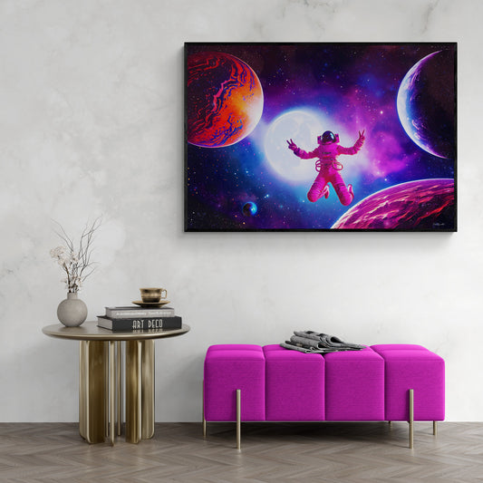 female astronaut dancing in planet filled universe framed canvas wall art, nebula, purple, peace sign, unique, galaxy, space wall art