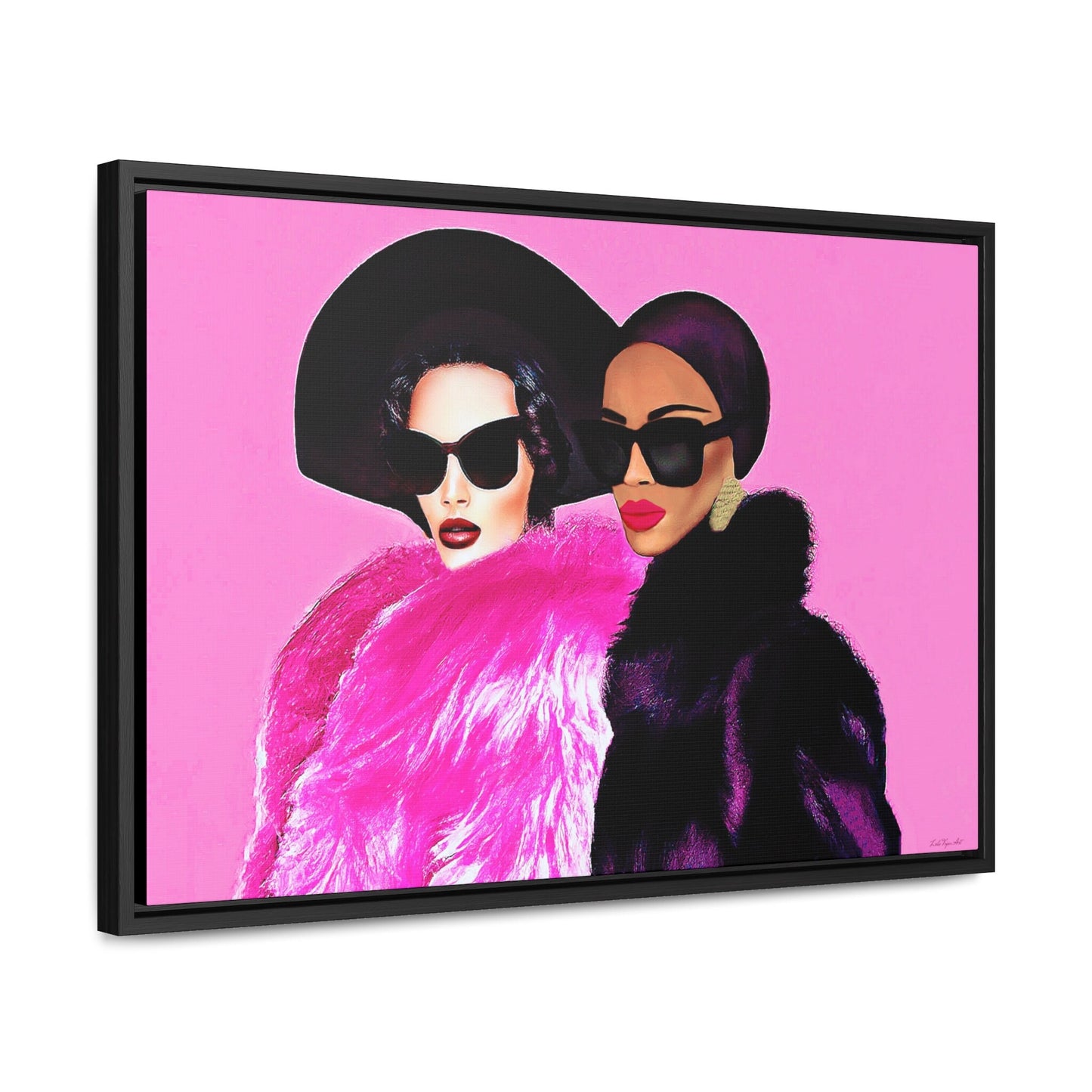 two women latina and black in fur coats and hats framed canvas wall art, wall art living room framed, pink wall art, glamourous wall art