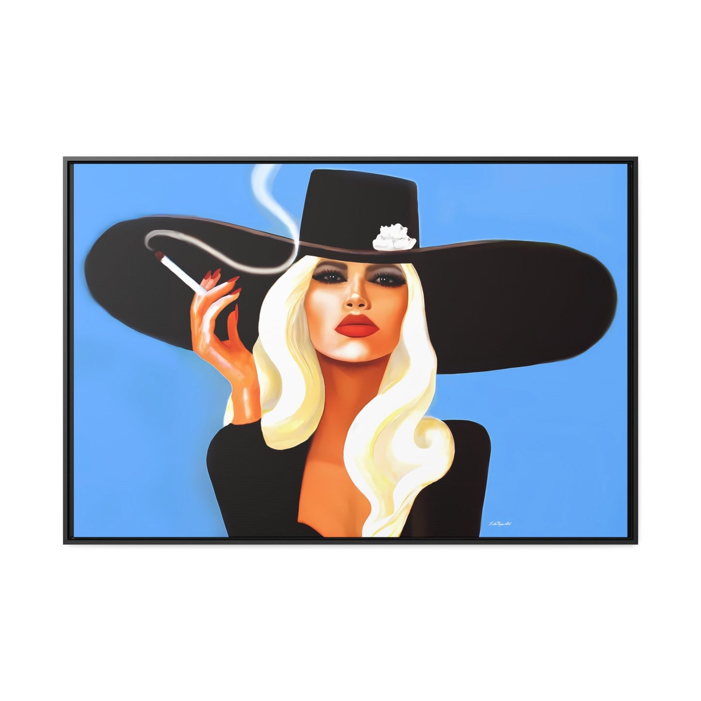 glamorous blonde woman smoking a cigarette in a big black hat framed canvas wall art, wall art living room framed, woman decor, portrait