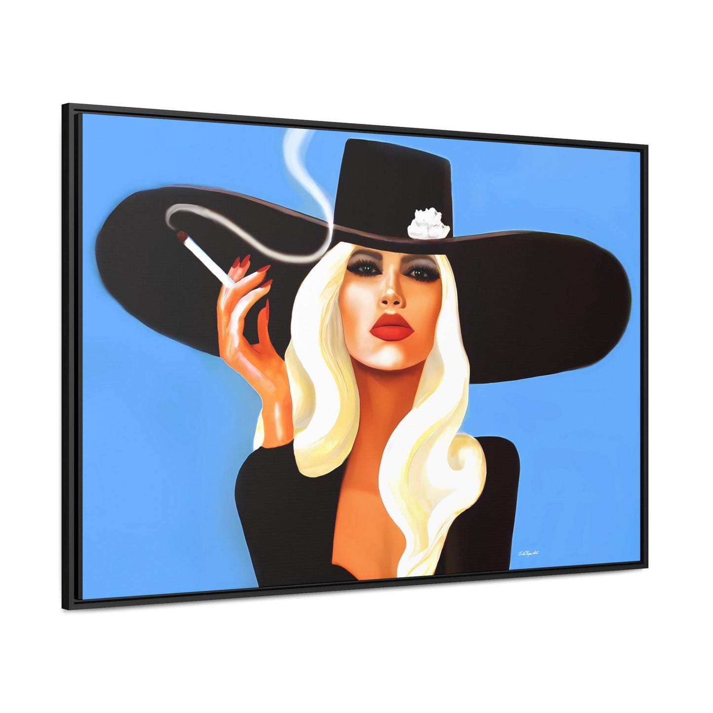 glamorous blonde woman smoking a cigarette in a big black hat framed canvas wall art, wall art living room framed, woman decor, portrait