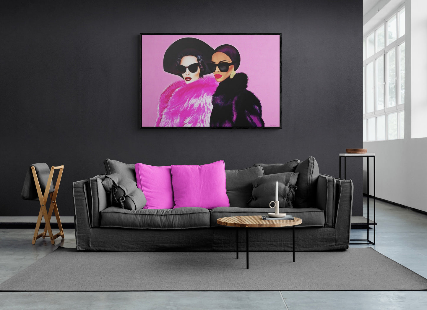 two women latina and black in fur coats and hats framed canvas wall art, wall art living room framed, pink wall art, glamourous wall art