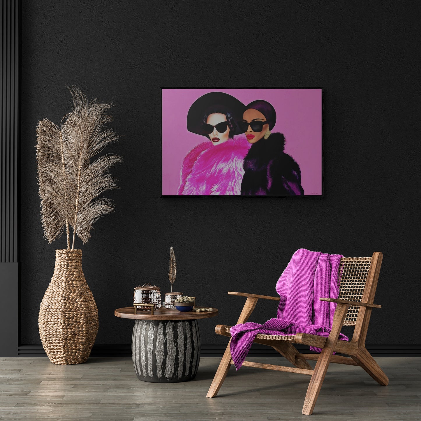 two women latina and black in fur coats and hats framed canvas wall art, wall art living room framed, pink wall art, glamourous wall art