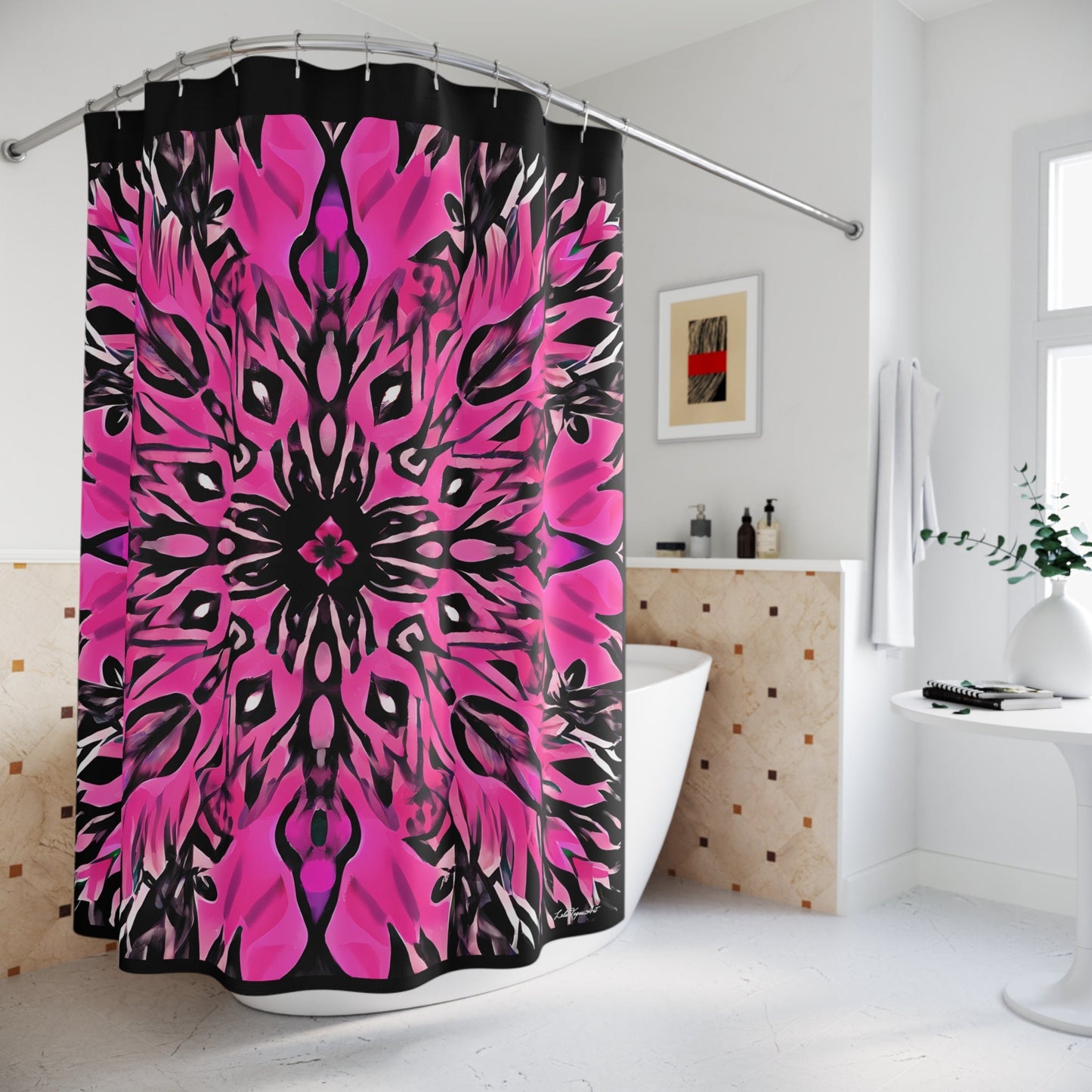 hot pink and black shower curtain, home accessories, bathroom dcor, bathroom, home dcor, housewarming gift, shower room decor, boho shower