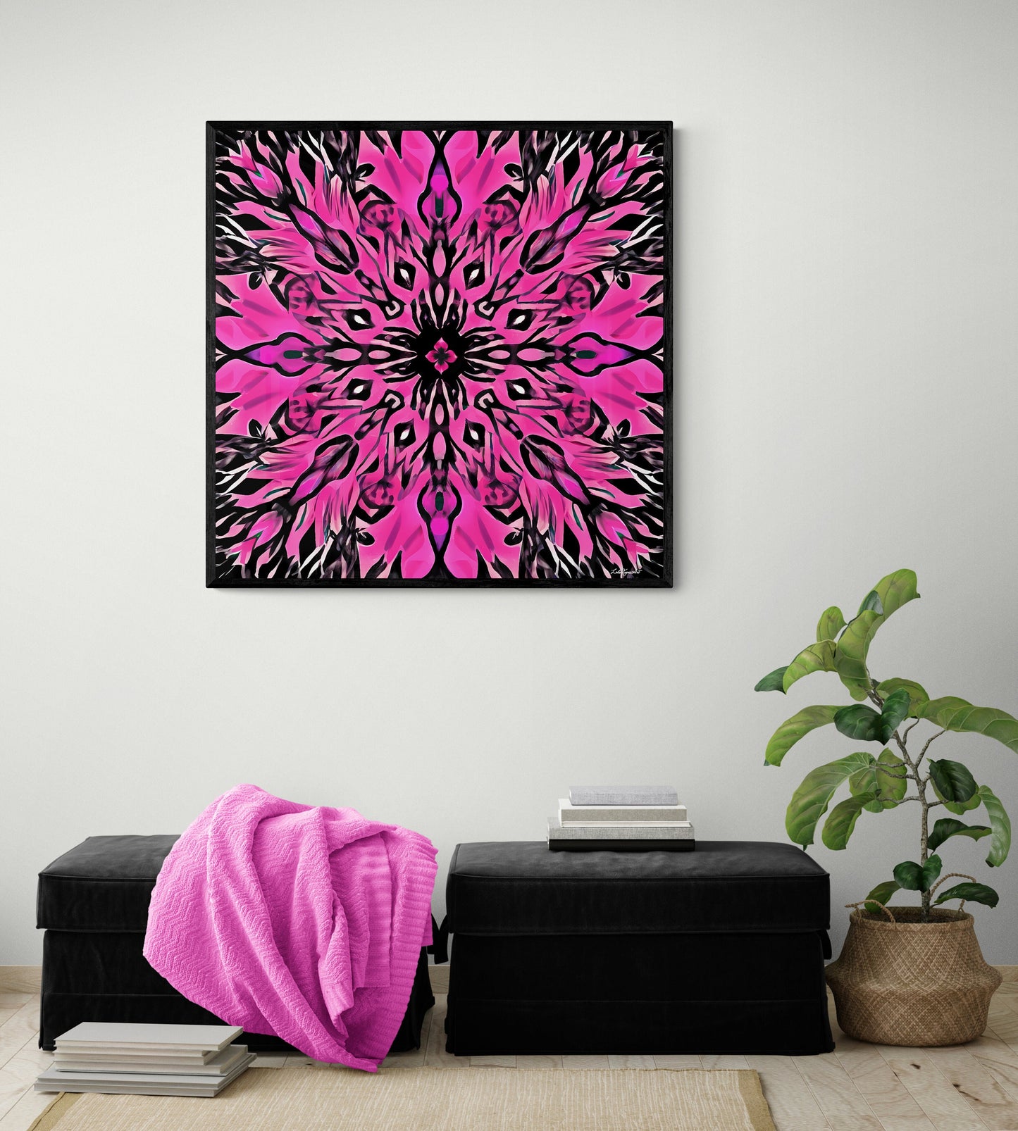 hot pink and black boho flower abstract framed canvas wall art, wall art framed, wall art living room framed, wall art canvas framed,