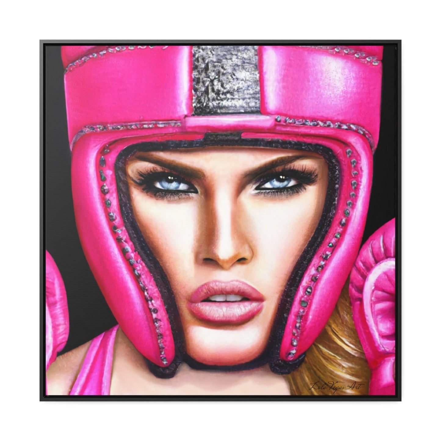 beautiful female boxer in hot pink helmet framed canvas wall art, unique art, powerful woman, strong goddess, wall art woman, unique art