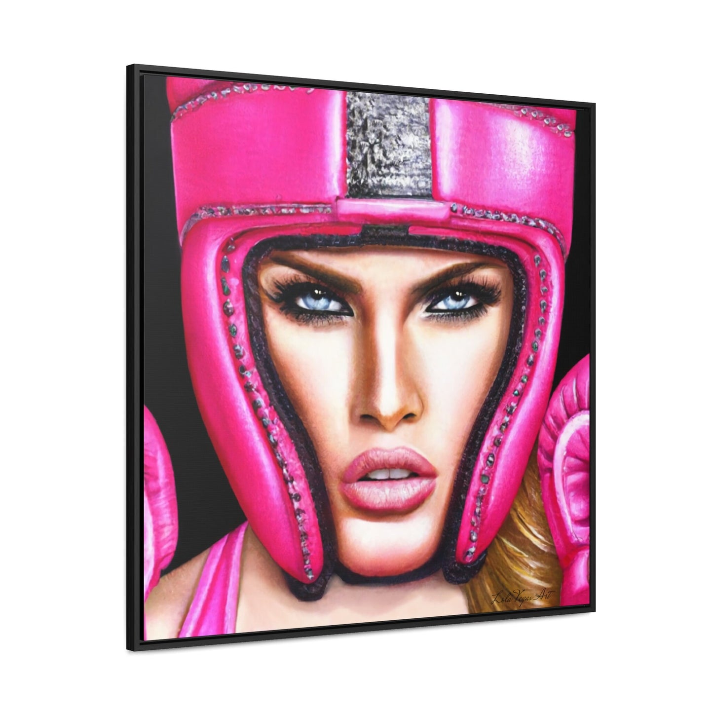 beautiful female boxer in hot pink helmet framed canvas wall art, unique art, powerful woman, strong goddess, wall art woman, unique art