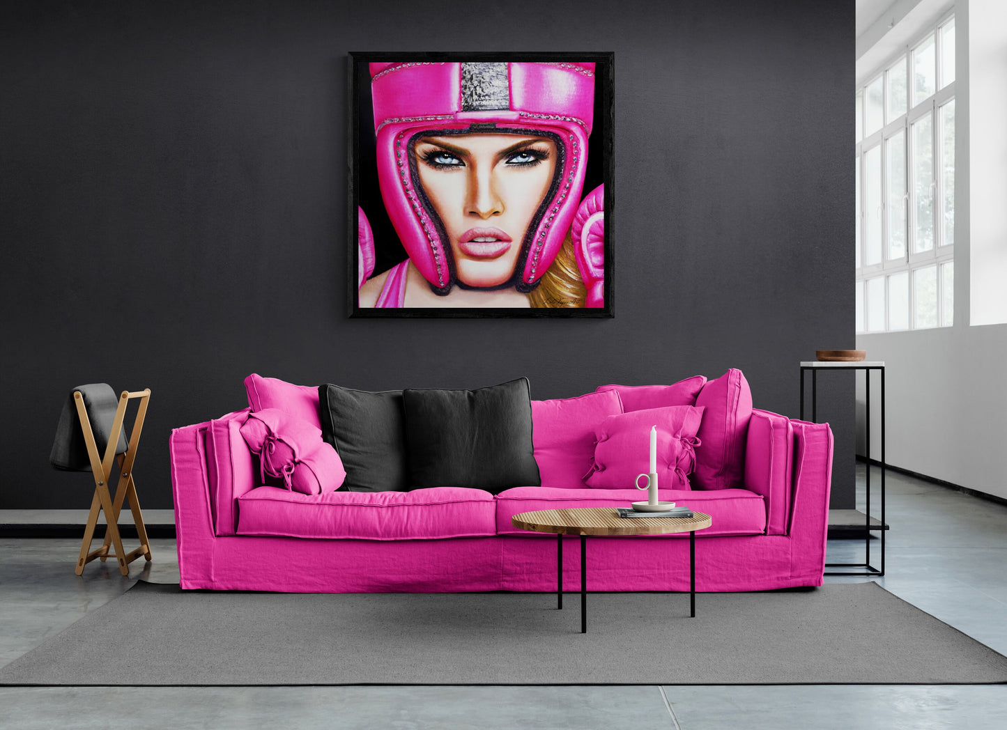 beautiful female boxer in hot pink helmet framed canvas wall art, unique art, powerful woman, strong goddess, wall art woman, unique art