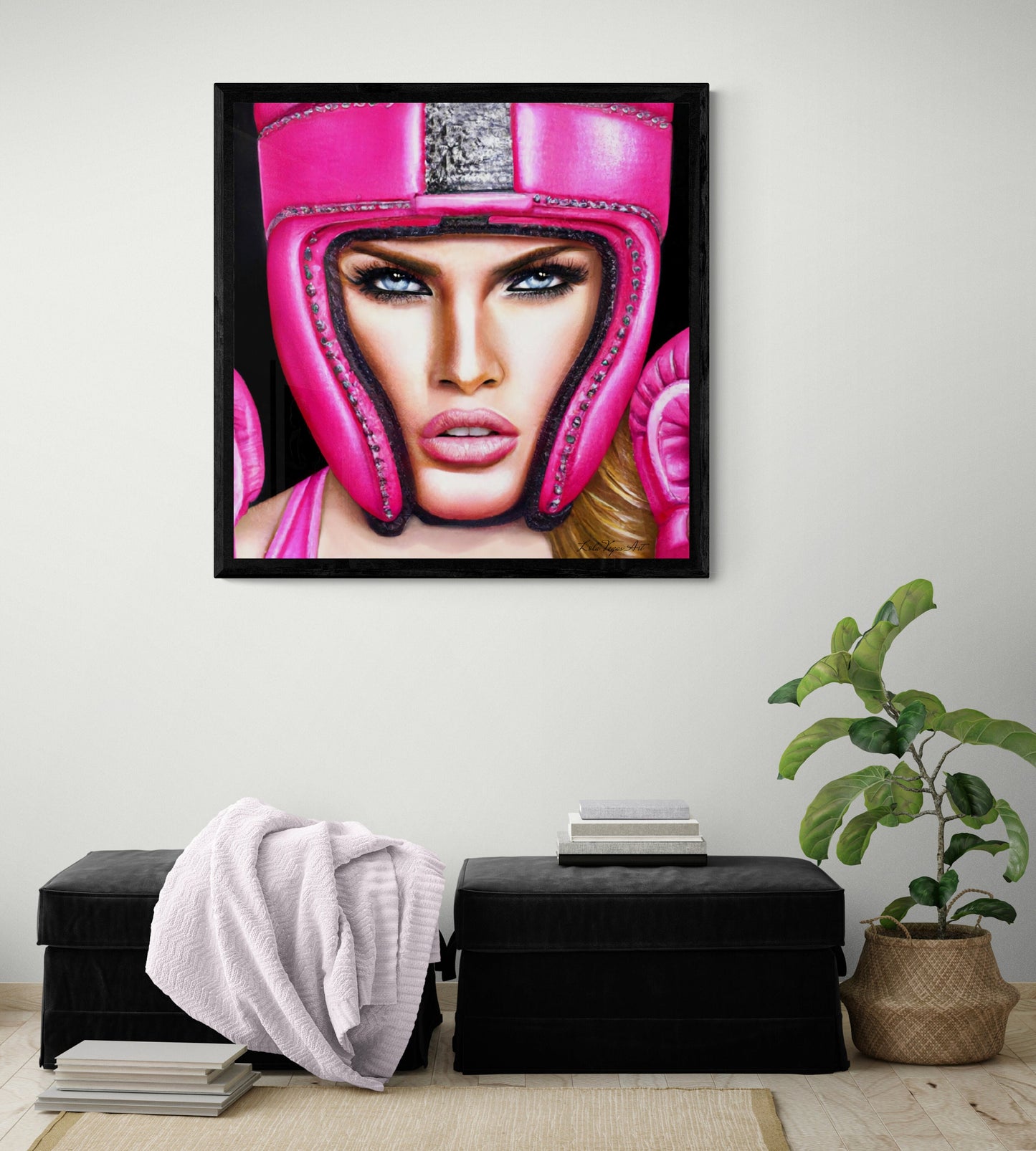 beautiful female boxer in hot pink helmet framed canvas wall art, unique art, powerful woman, strong goddess, wall art woman, unique art