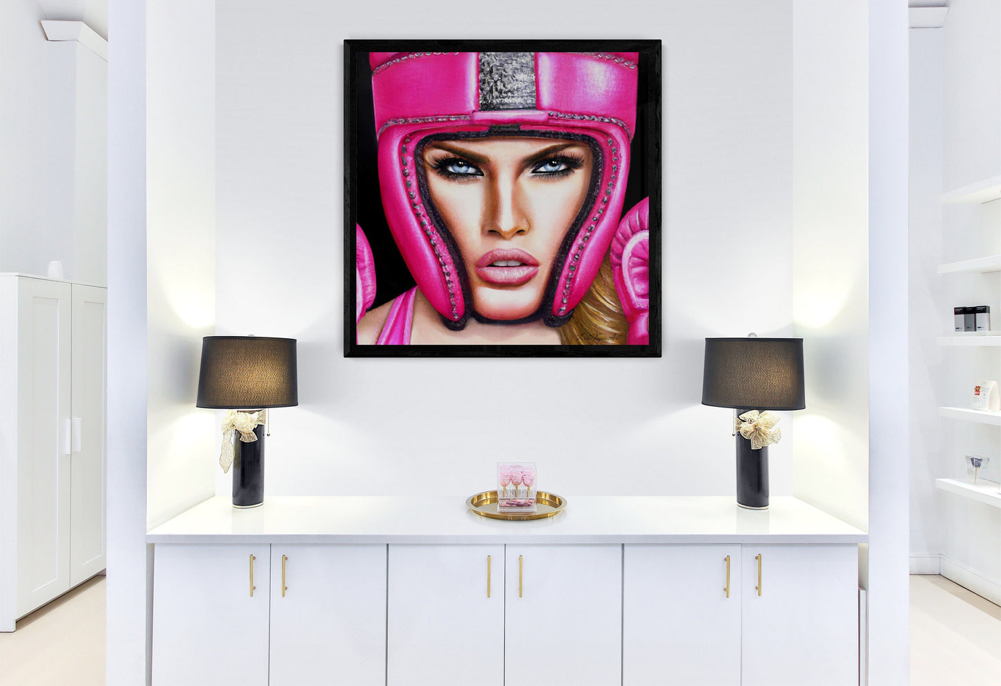 beautiful female boxer in hot pink helmet framed canvas wall art, unique art, powerful woman, strong goddess, wall art woman, unique art