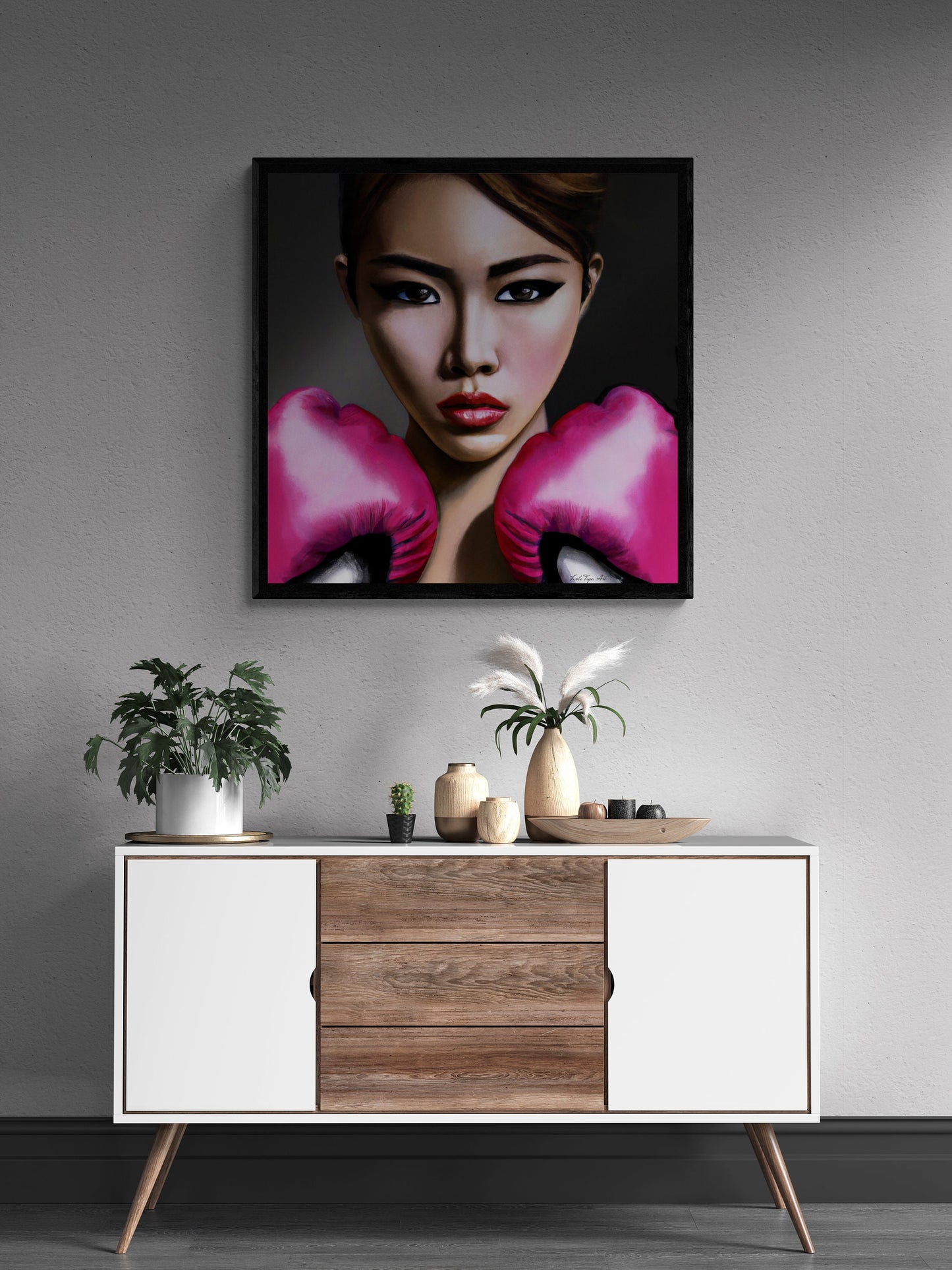 asian woman female boxer with pink gloves, powerful woman, feminist art, boxing art, wall art living room framed, framed bedroom wall art