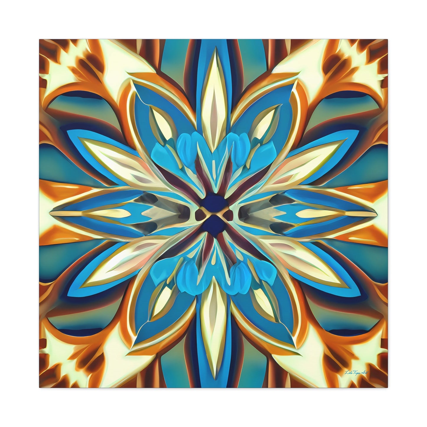 shades of blue, creme and carmel abstract tropical flower canvas wall art, art deco wall art, feminine art, elegant art, ready to hang