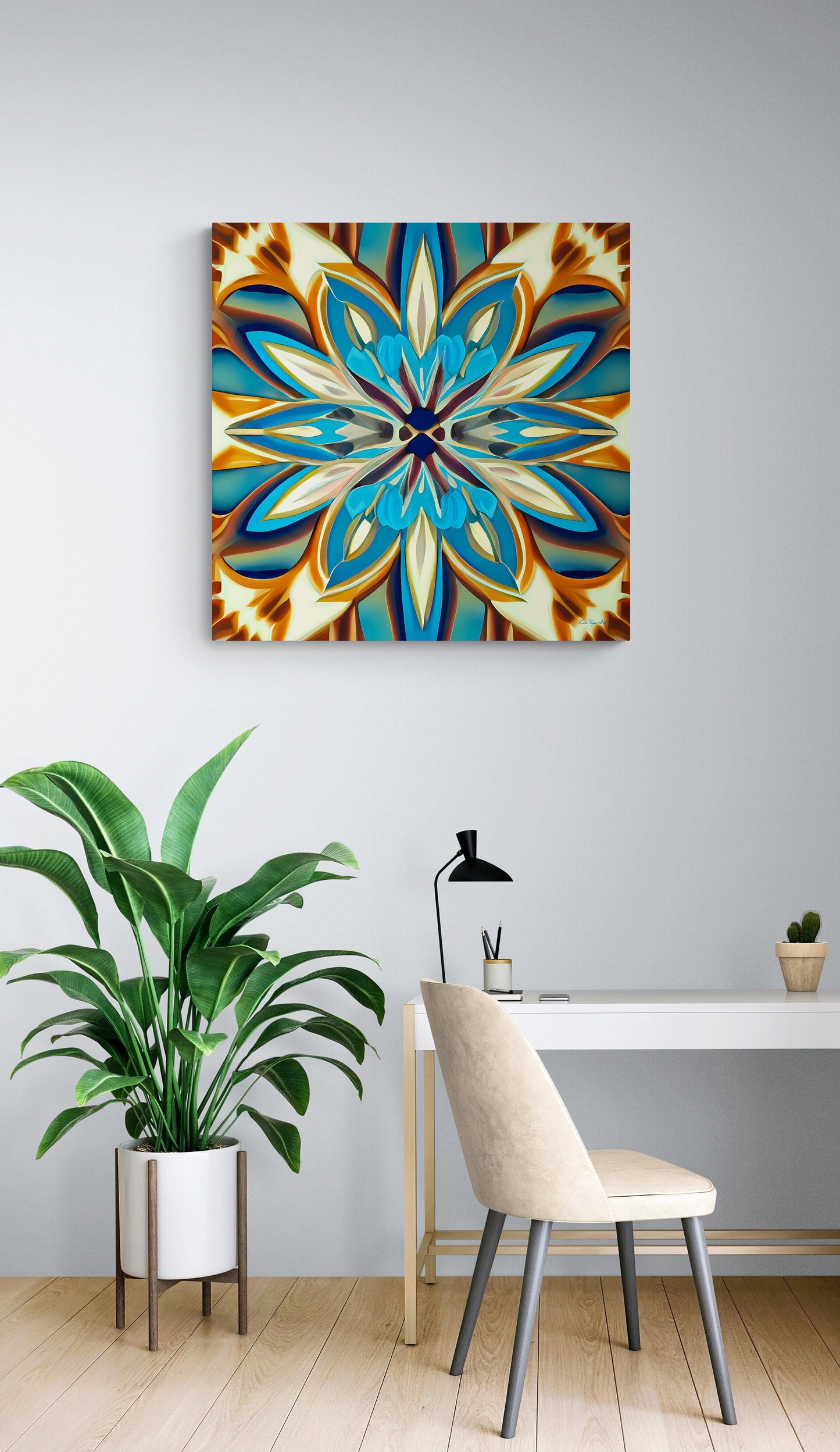 shades of blue, creme and carmel abstract tropical flower canvas wall art, art deco wall art, feminine art, elegant art, ready to hang