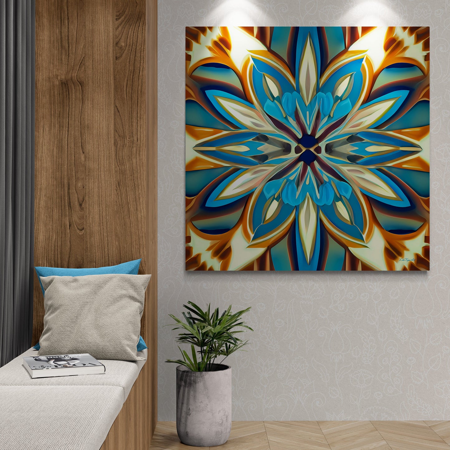 shades of blue, creme and carmel abstract tropical flower canvas wall art, art deco wall art, feminine art, elegant art, ready to hang