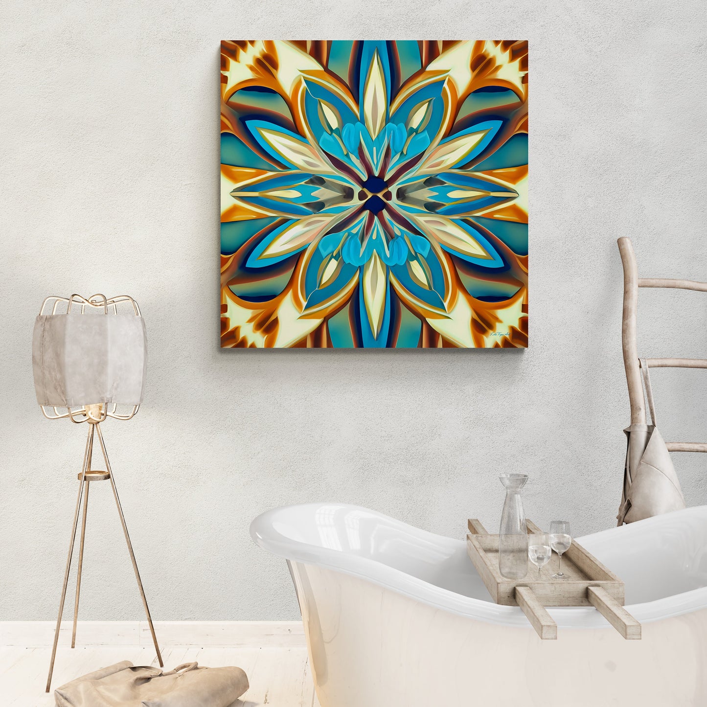 shades of blue, creme and carmel abstract tropical flower canvas wall art, art deco wall art, feminine art, elegant art, ready to hang