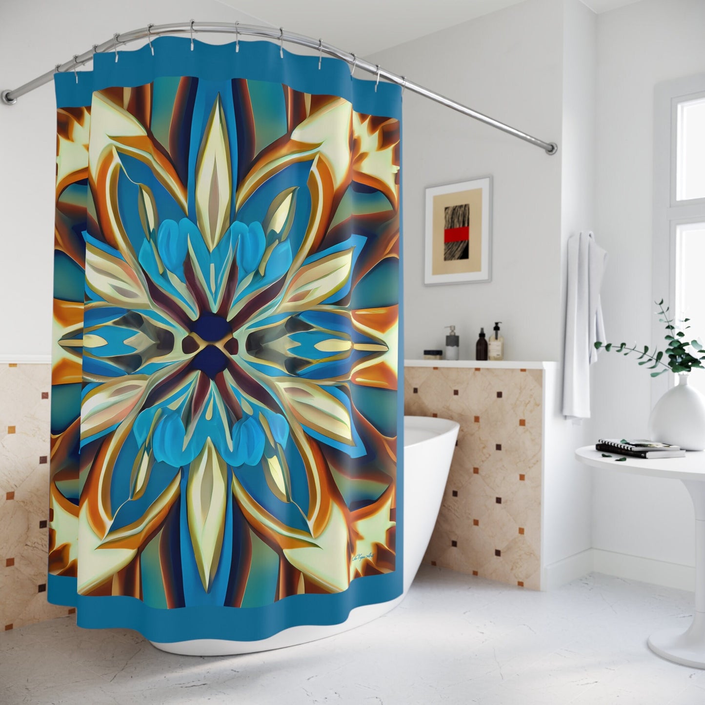 blue, creme, caramel flower shower curtain, home accessories, bathroom dcor, bathroom, home dcor, housewarming gift, shower room decor