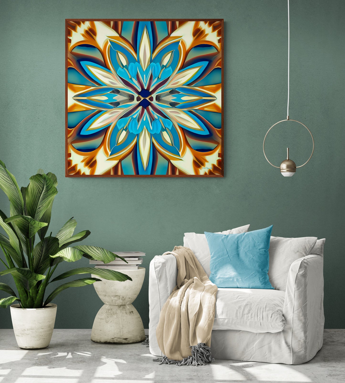 blue, creme and canvas abstract tropical flower framed canvas wall art, wall art living room framed, floral wall art, feminine wall art