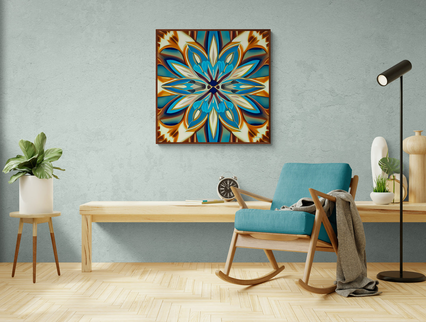 blue, creme and canvas abstract tropical flower framed canvas wall art, wall art living room framed, floral wall art, feminine wall art