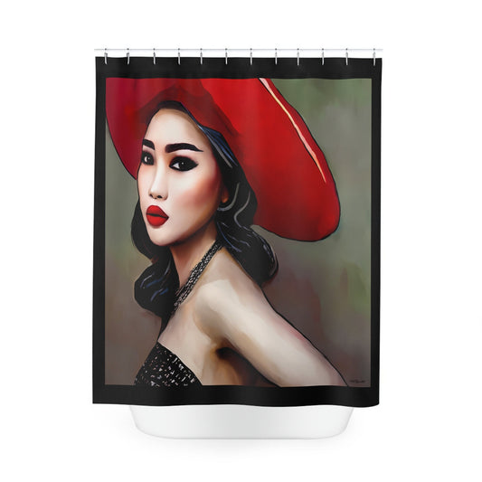 beautiful asian woman in a big red hat shower curtain, home accessories, bathroom dcor, home dcor, housewarming gift, shower room decor