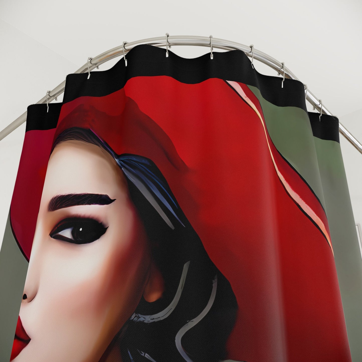 beautiful asian woman in a big red hat shower curtain, home accessories, bathroom dcor, home dcor, housewarming gift, shower room decor