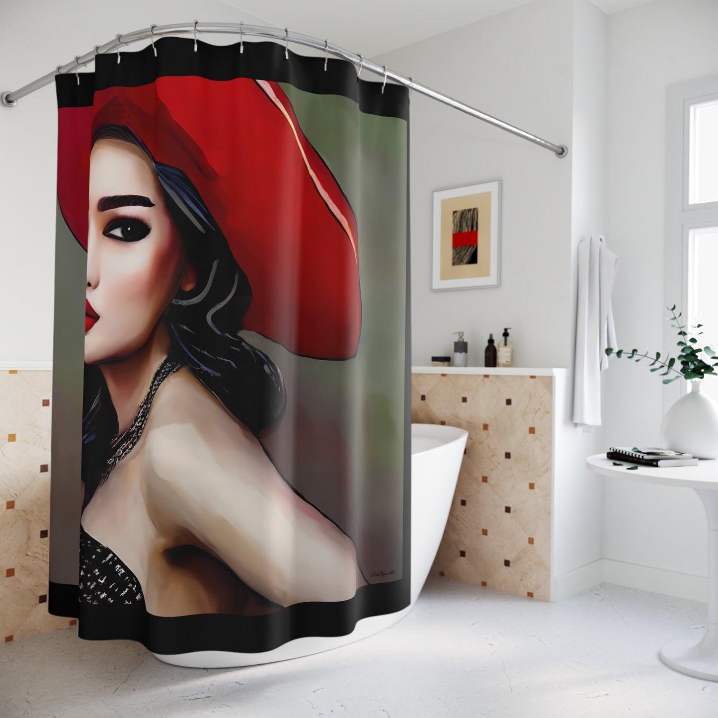 beautiful asian woman in a big red hat shower curtain, home accessories, bathroom dcor, home dcor, housewarming gift, shower room decor