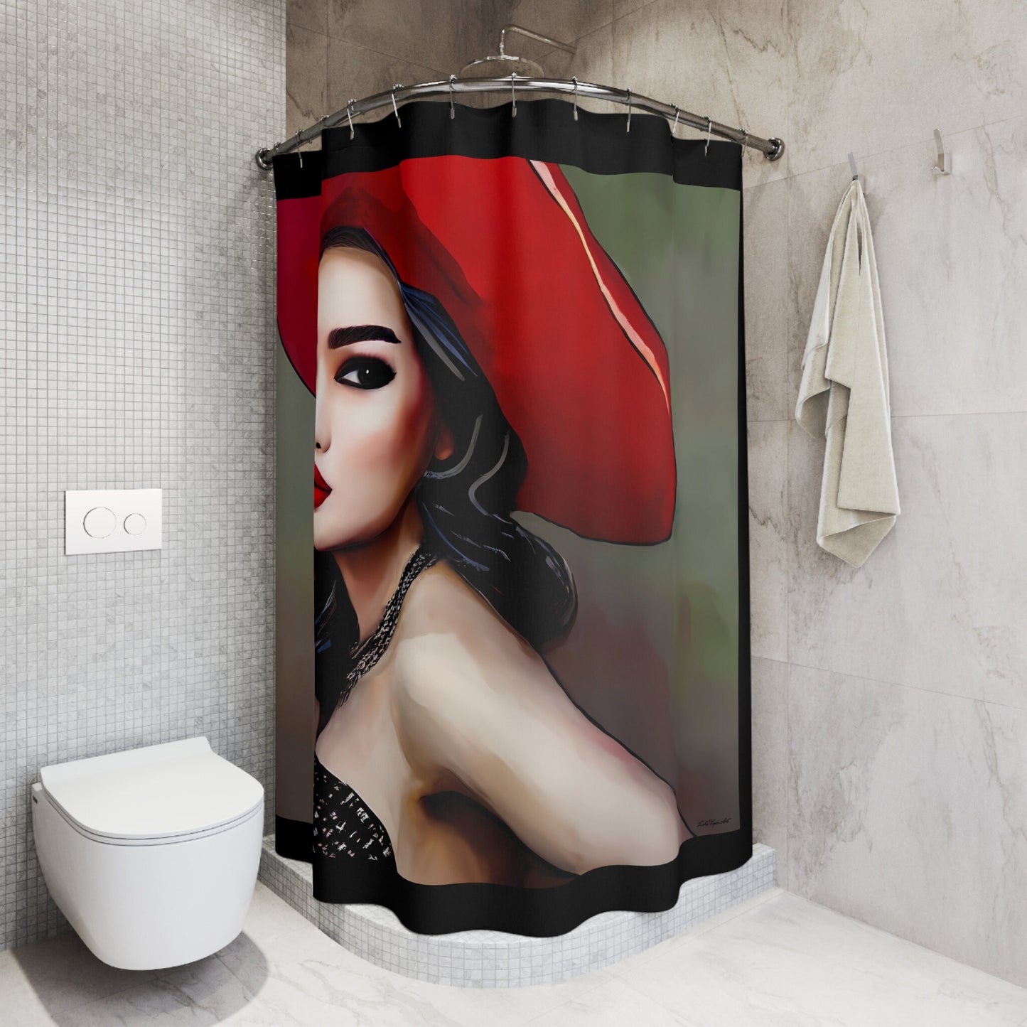 beautiful asian woman in a big red hat shower curtain, home accessories, bathroom dcor, home dcor, housewarming gift, shower room decor