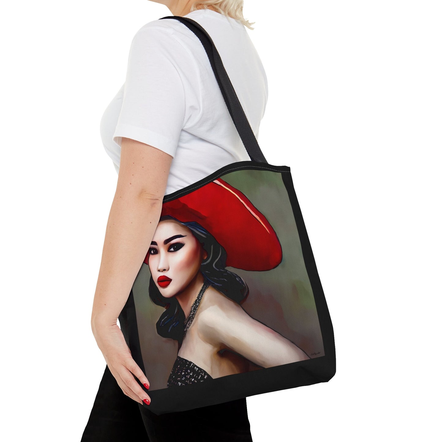 asian woman in red hat canvas tote bag, gifts for women, canvas shopper, oversized  bag, reusable bag, shopping bag, tote bag for women