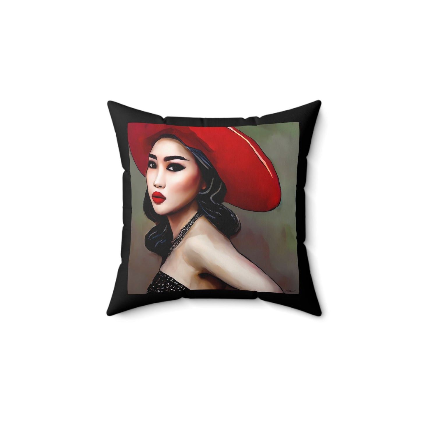 asian woman in red hat square pillow, decorative pillow, living room pillow, bedroom pillow, throw pillow, decorative pillows, accent pillow