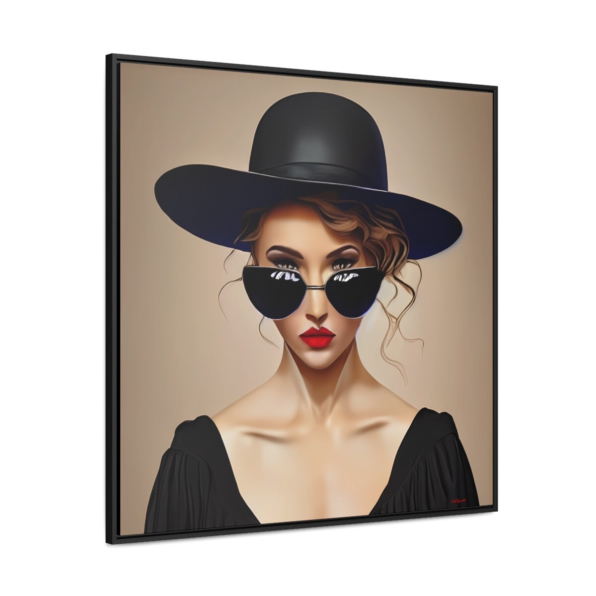 woman in sunglasses and big black hat framed canvas wall art, wall art living room framed, woman decor, feminine portrait, moody wall art - LOLA VEGAS ART