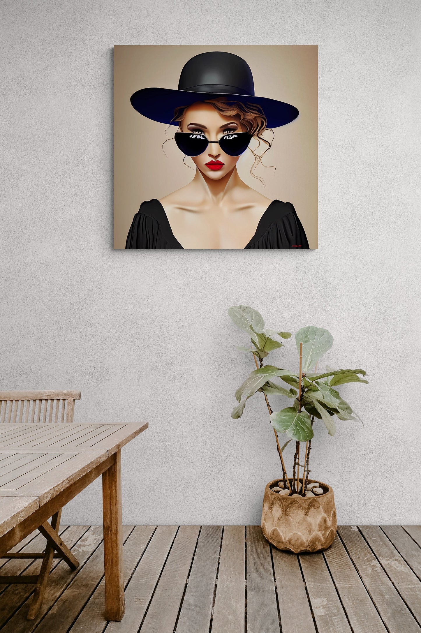 woman in sunglasses and big hat canvas wall art, portrait print, feminine wall art, fashion wall art, wall art dcor, woman dcor,moody