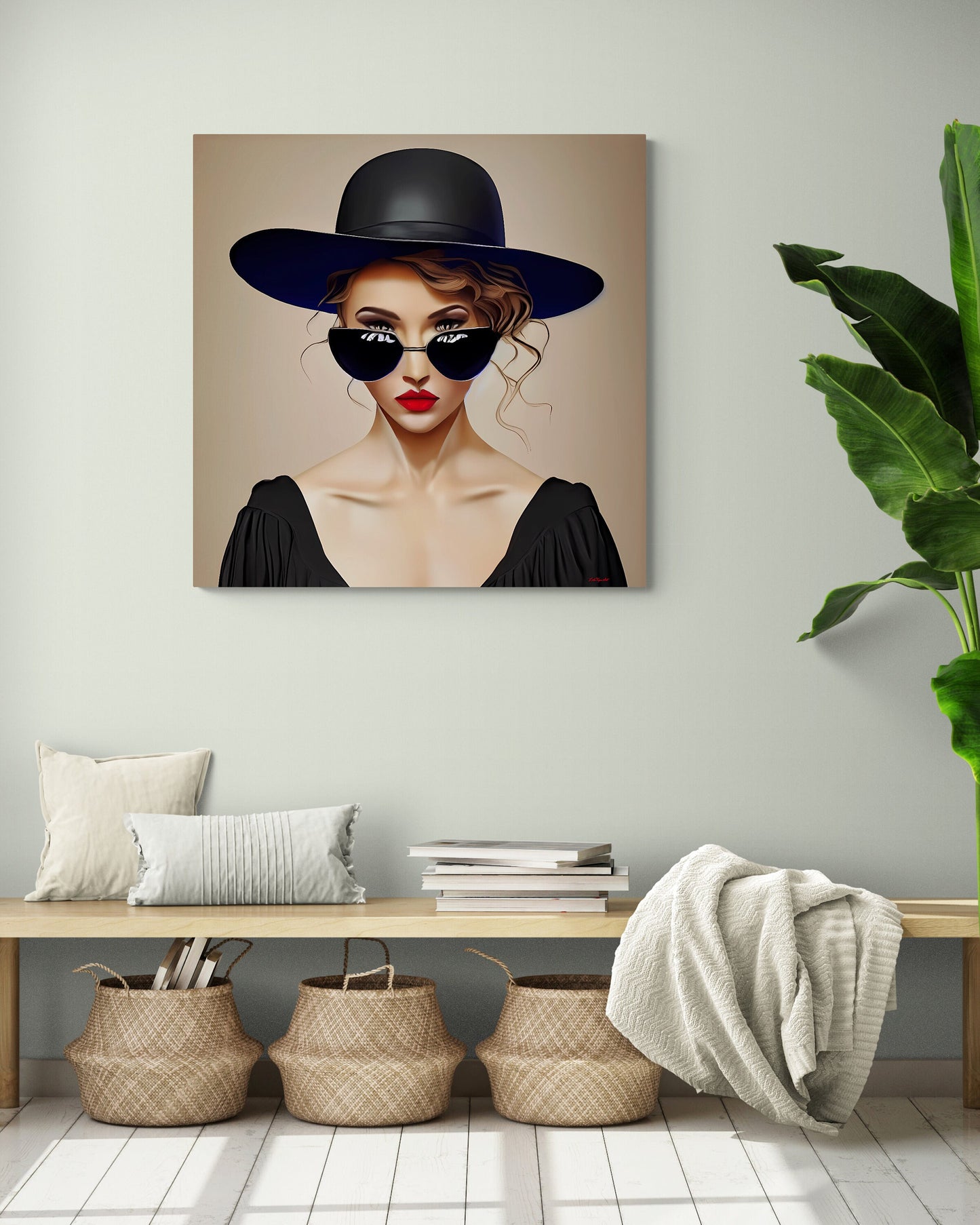 woman in sunglasses and big hat canvas wall art, portrait print, feminine wall art, fashion wall art, wall art dcor, woman dcor,moody