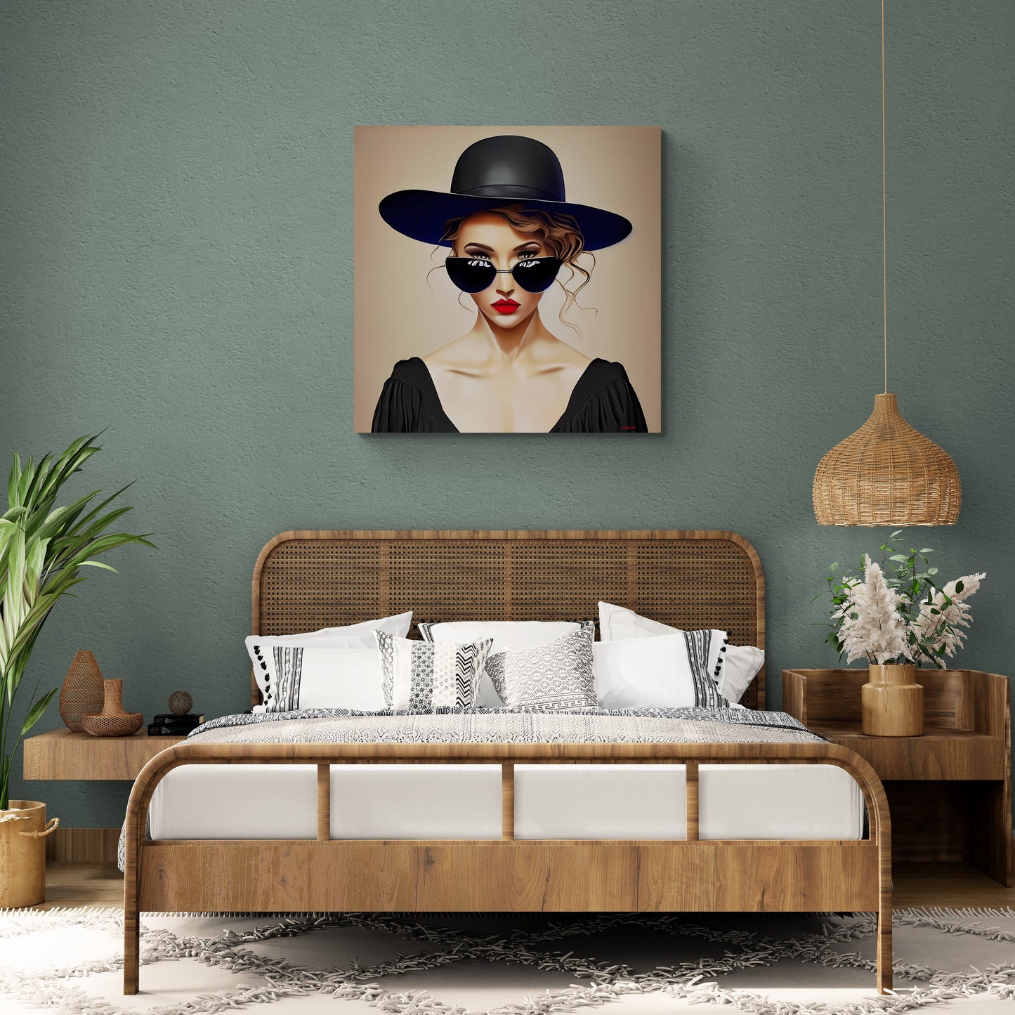 woman in sunglasses and big hat canvas wall art, portrait print, feminine wall art, fashion wall art, wall art dcor, woman dcor,moody