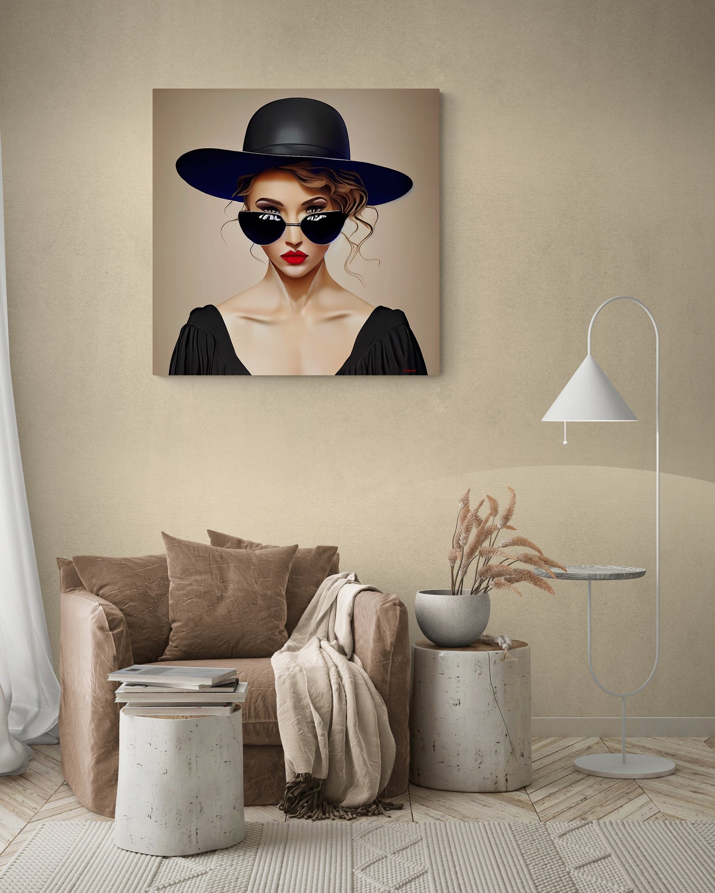 woman in sunglasses and big hat canvas wall art, portrait print, feminine wall art, fashion wall art, wall art dcor, woman dcor,moody