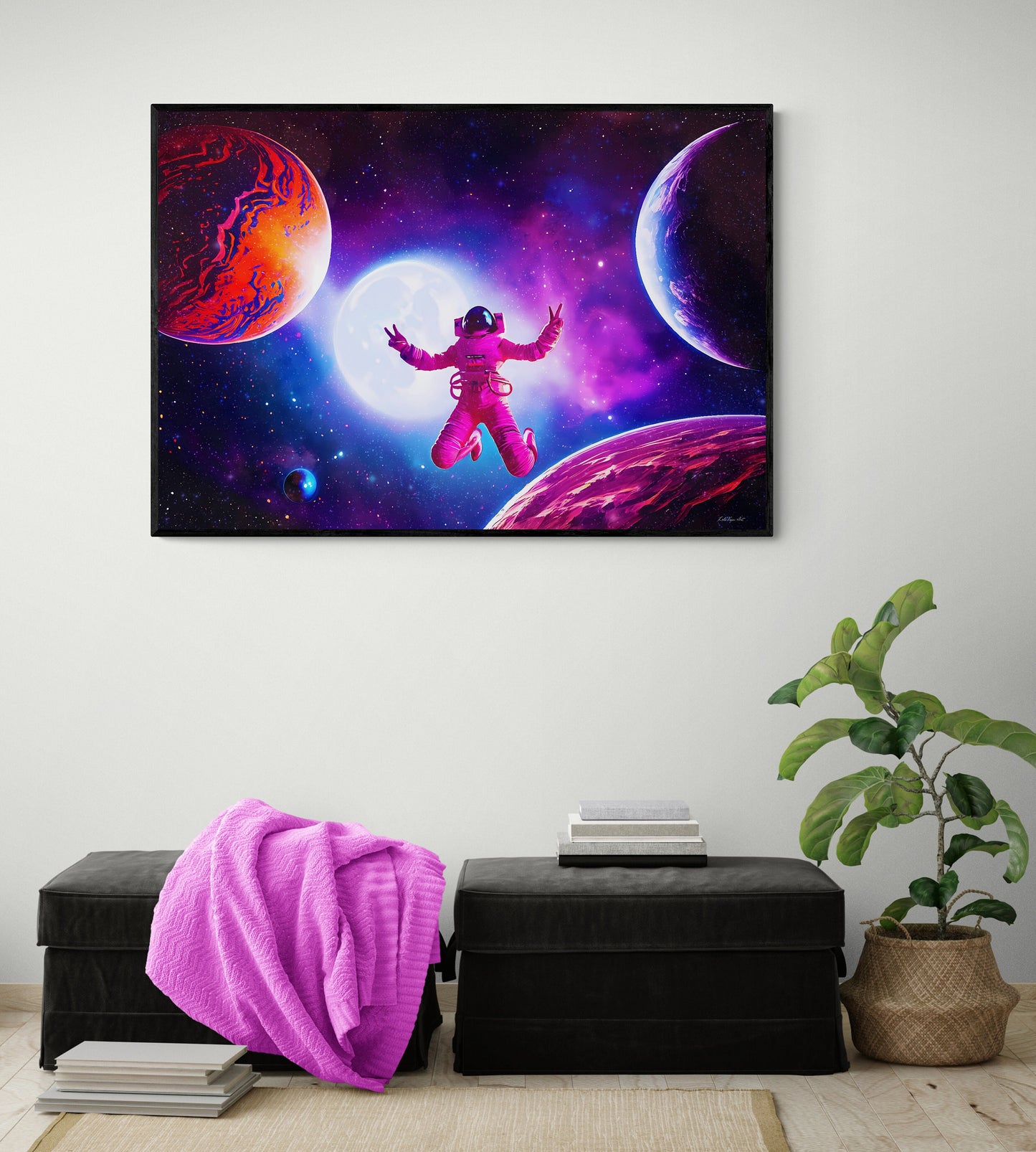 female astronaut dancing in planet filled universe framed canvas wall art, nebula, purple, peace sign, unique, galaxy, space wall art