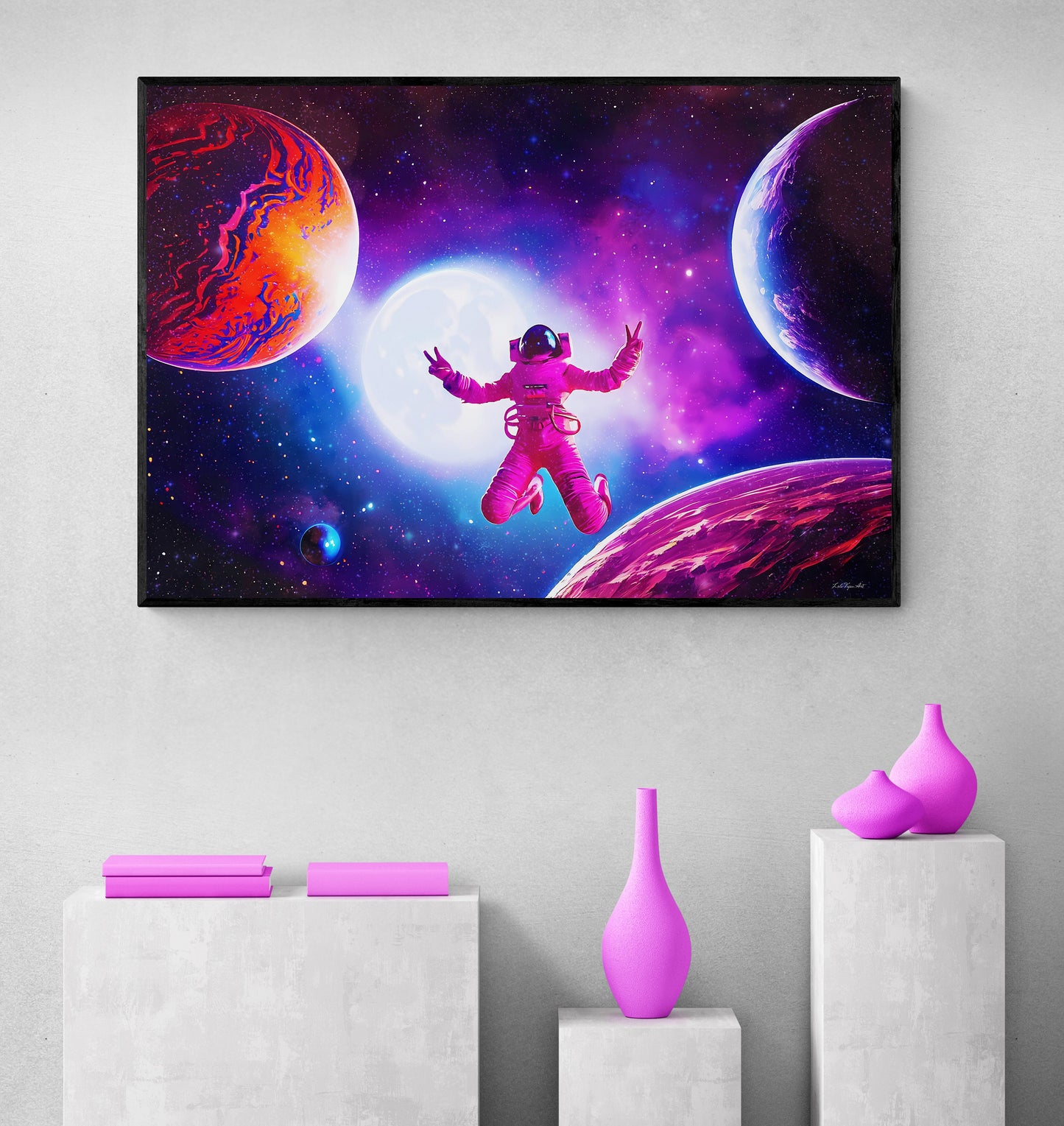 female astronaut dancing in planet filled universe framed canvas wall art, nebula, purple, peace sign, unique, galaxy, space wall art