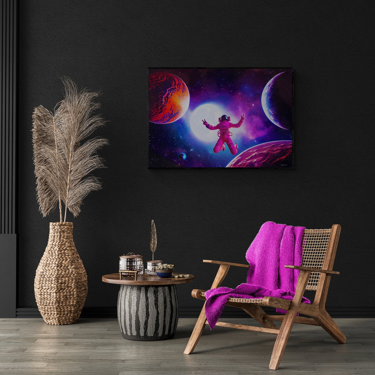 female astronaut dancing in planet filled universe framed canvas wall art, nebula, purple, peace sign, unique, galaxy, space wall art