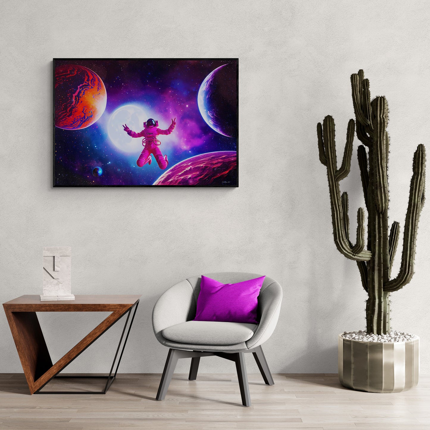 female astronaut dancing in planet filled universe framed canvas wall art, nebula, purple, peace sign, unique, galaxy, space wall art