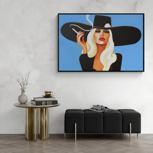 glamorous blonde woman smoking a cigarette in a big black hat framed canvas wall art, wall art living room framed, woman decor, portrait