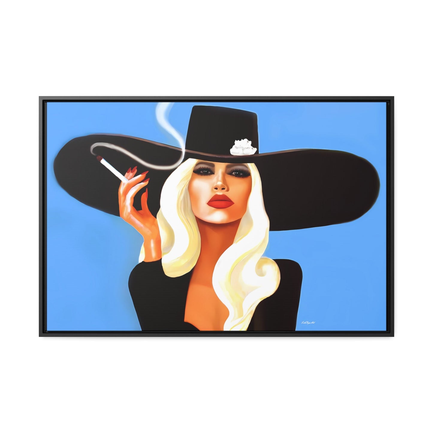 glamorous blonde woman smoking a cigarette in a big black hat framed canvas wall art, wall art living room framed, woman decor, portrait