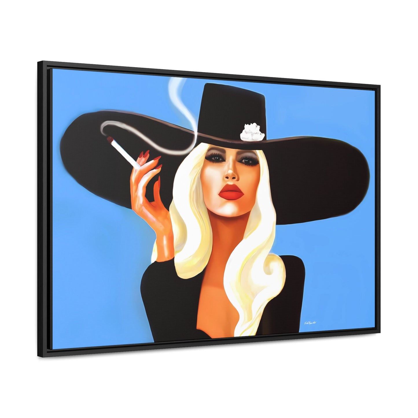 glamorous blonde woman smoking a cigarette in a big black hat framed canvas wall art, wall art living room framed, woman decor, portrait