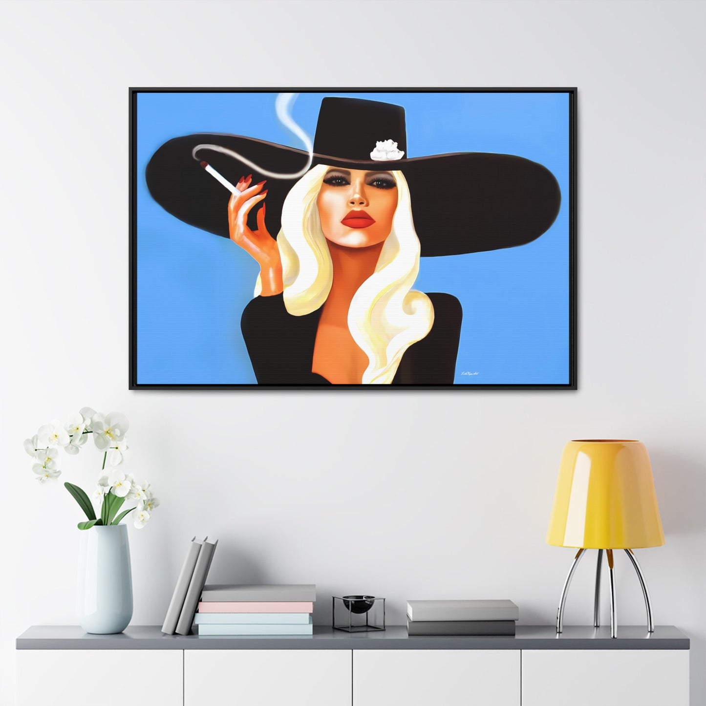 glamorous blonde woman smoking a cigarette in a big black hat framed canvas wall art, wall art living room framed, woman decor, portrait