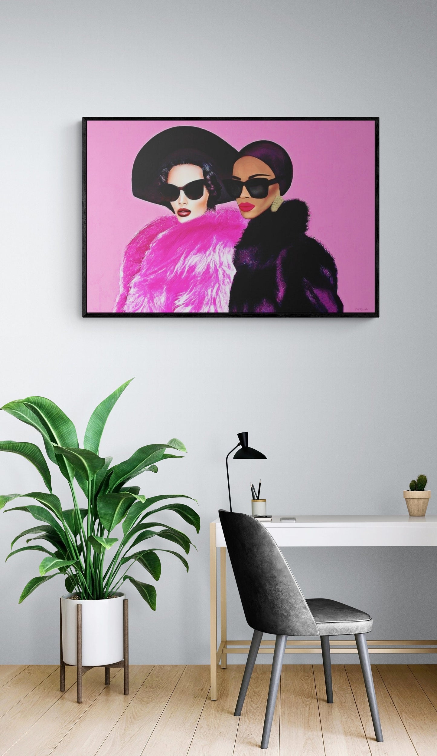 two women latina and black in fur coats and hats framed canvas wall art, wall art living room framed, pink wall art, glamourous wall art